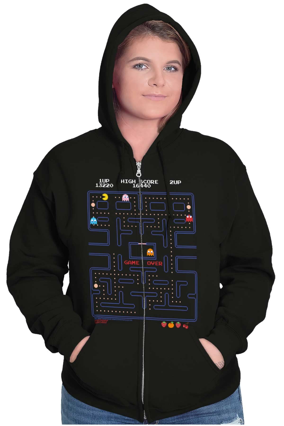 Brisco Brands PACMAN Game Over Retro Video Gaming Zip Up Hoodie for Men & Women - Casual Wear, Cosplay, and Gaming Enthusiasts