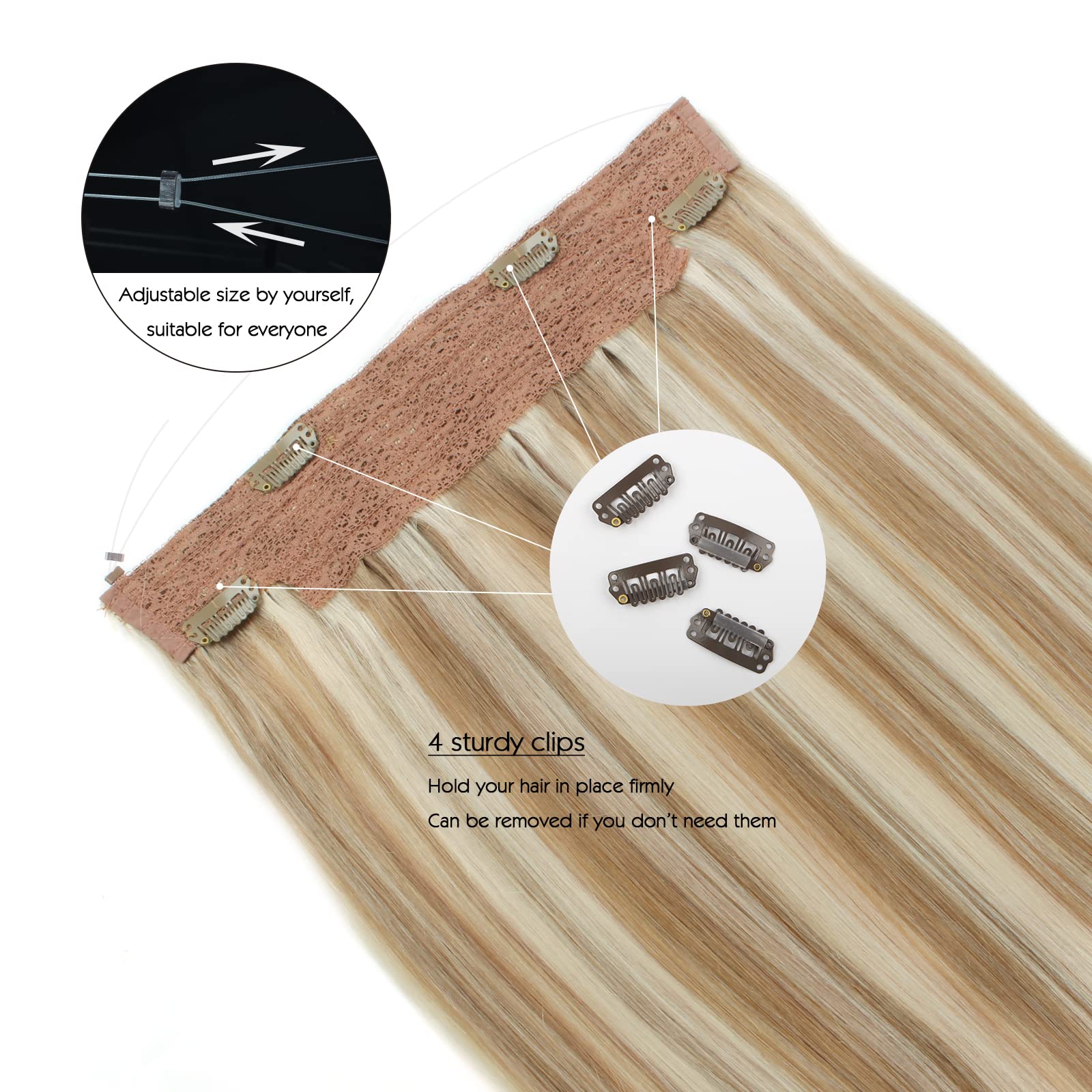 Sassina Invisible Wire Hair Extensions - 100% Real Human Hair, Transparent Wire, Adjustable Size with Secure Clips, Natural Straight Hairpiece (16 Inch, 100g, #P8/60) - Perfect for Daily Wear, Parties & Special Occasions