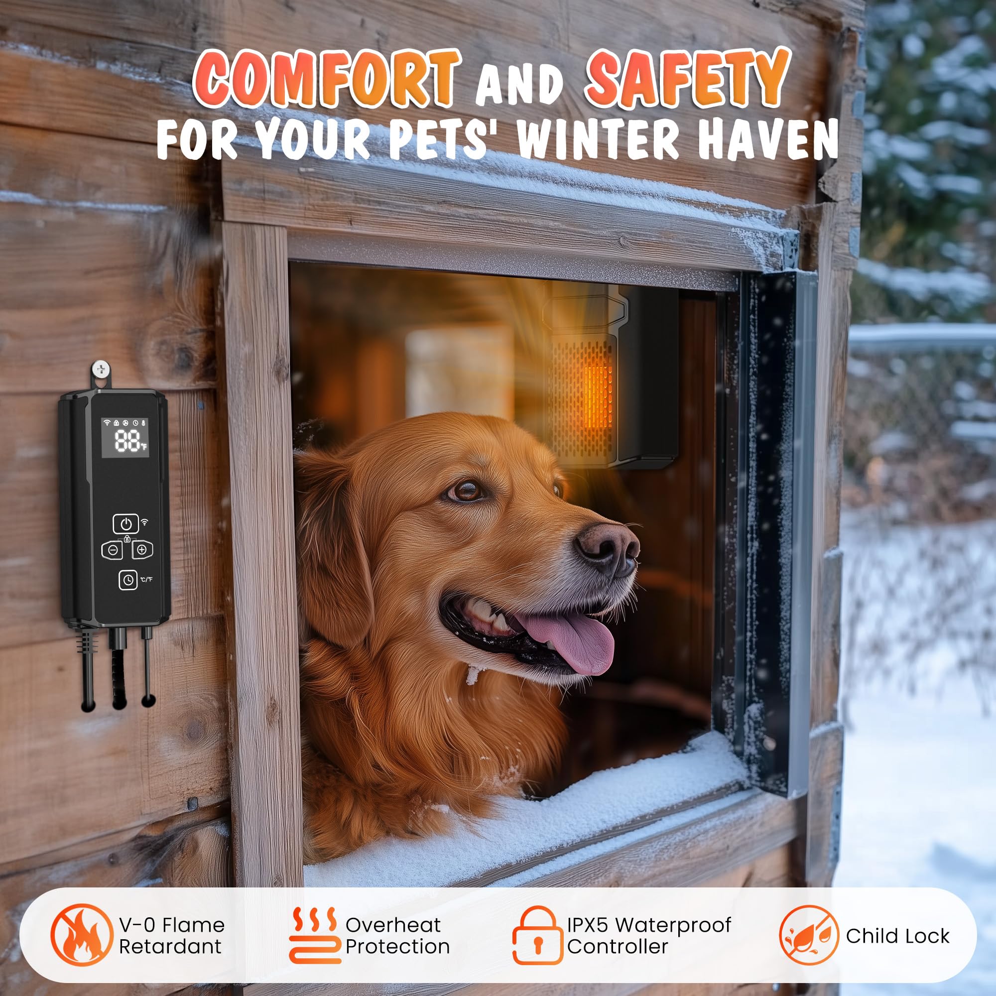 500W WiFi Dog House Heater with Thermostat & APP Control - Outdoor Pet Heater with 6.5FT Temperature Probe, Adjustable Temperature & Timer - Perfect for Winter Kennels, Garages, and Outdoor Dog Houses