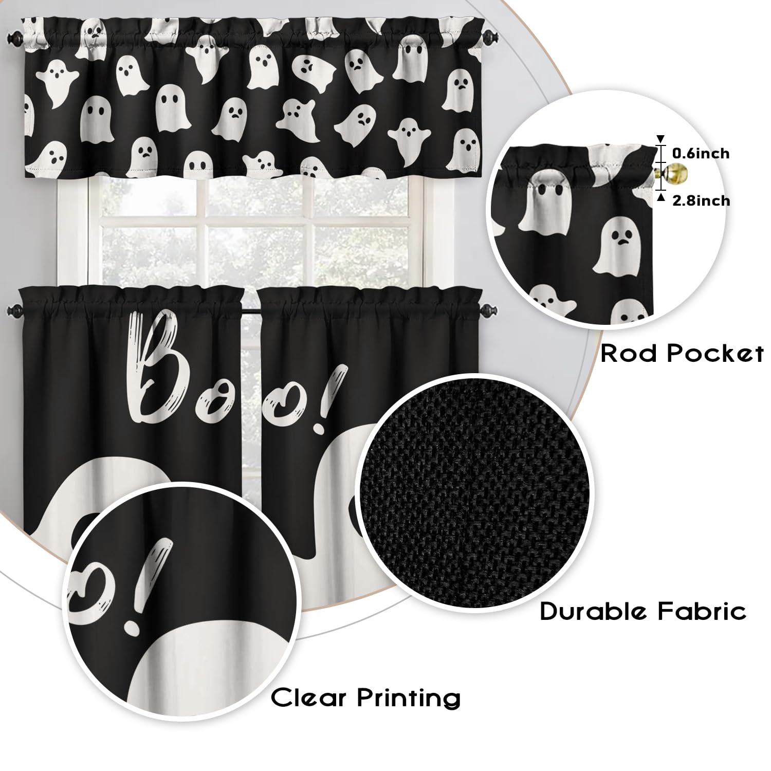 Spooky Halloween Kitchen Curtains 3-Piece Set - Ghost Design for Sink Window Decor
