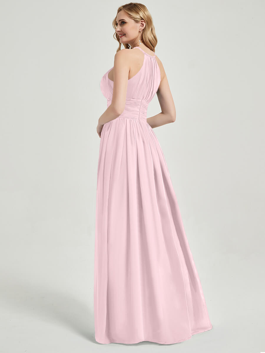 Elegant Blush Pleated Halter Neck Sleeveless A-Line Chiffon Bridesmaid Dress for Weddings & Formal Events - Perfect for Bridal Party, Prom & Evening Occasions
