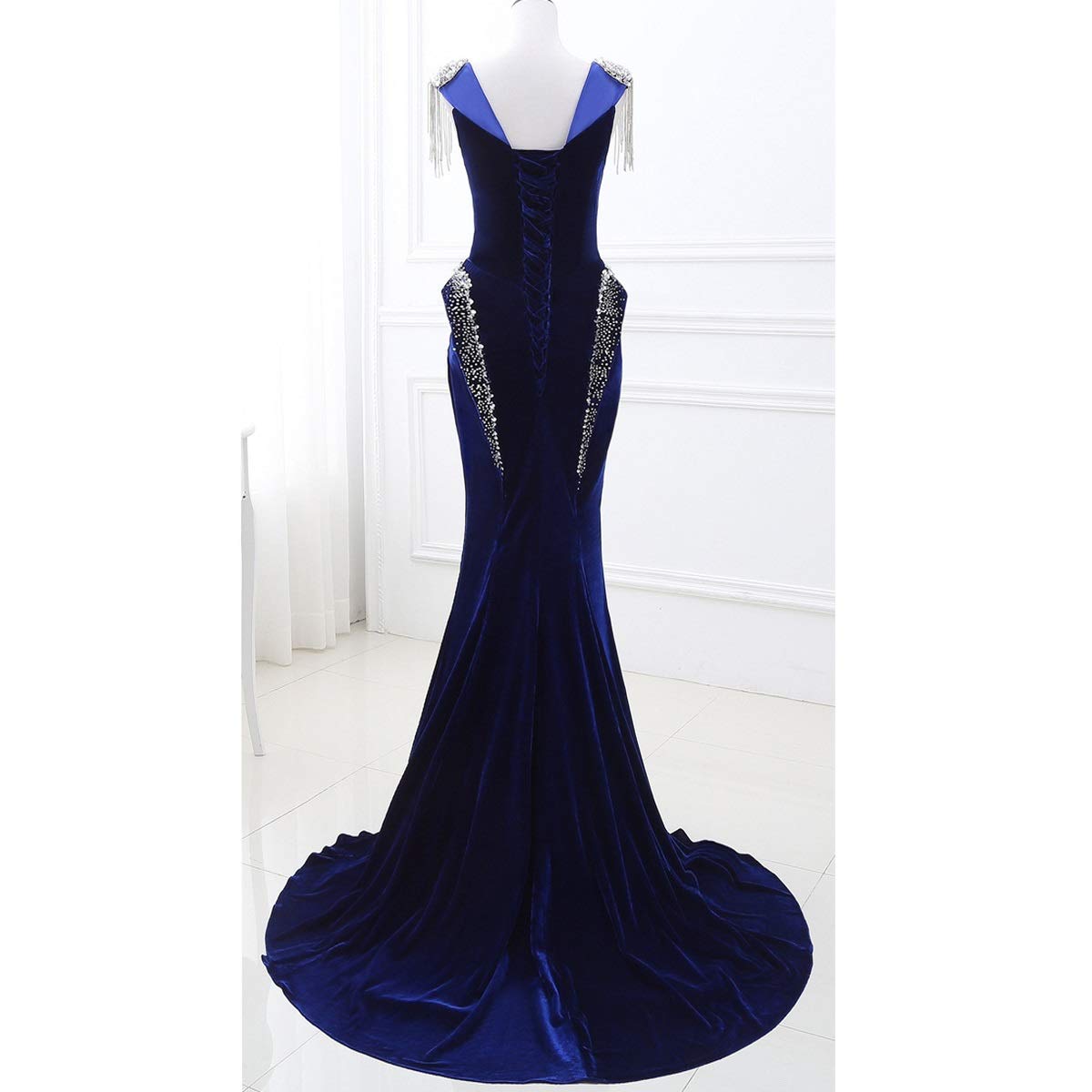 Elegant Women's Symmetrical Trumpet Mermaid Velvet Long Evening Dress with Beaded Tassel - Perfect for Prom, Gala, Wedding & Formal Events