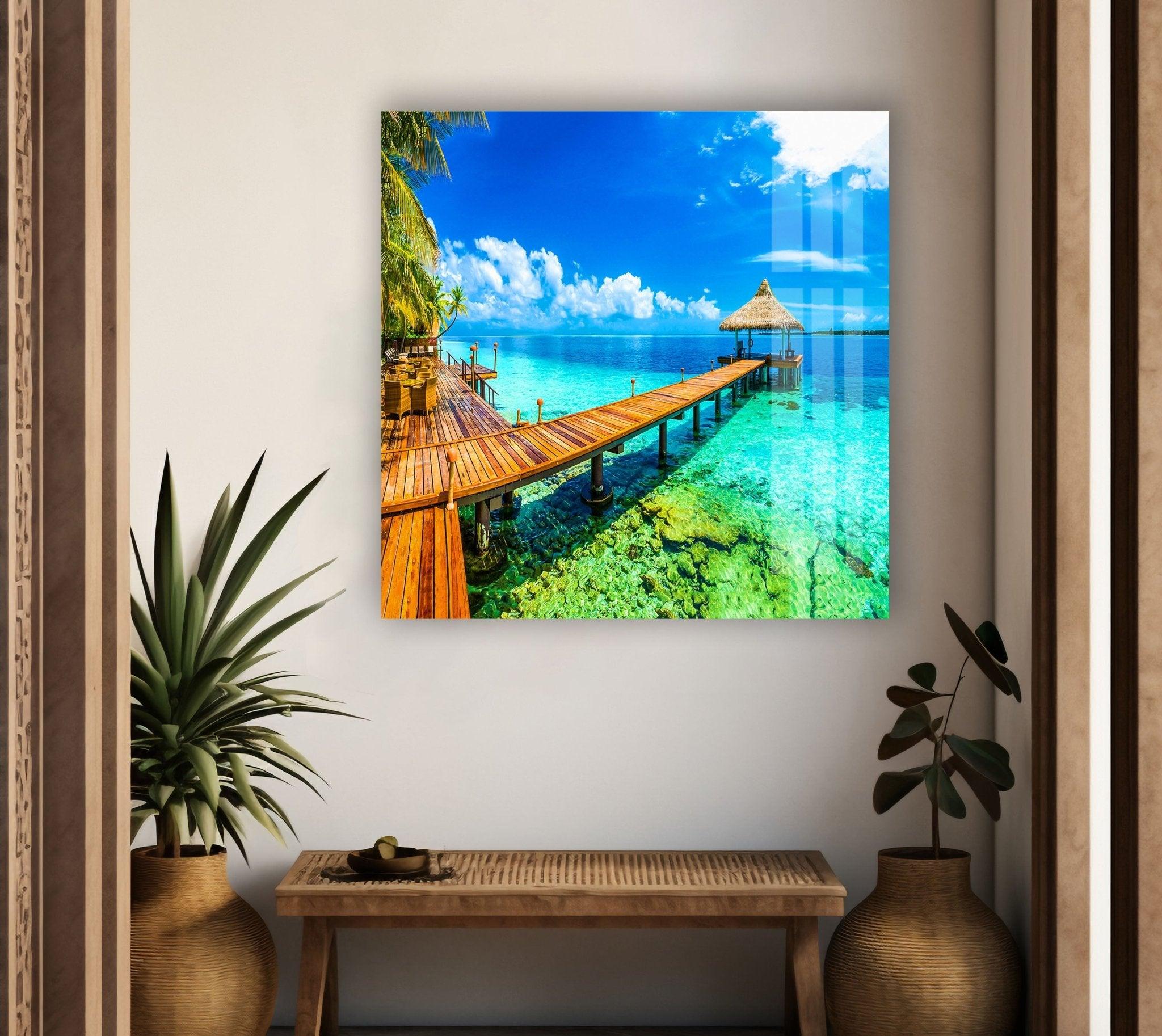 Stunning Tropical Island Glass Wall Art - Handmade Beach Decor for Living Room, Bedroom & Office - Perfect Coastal Home Accent