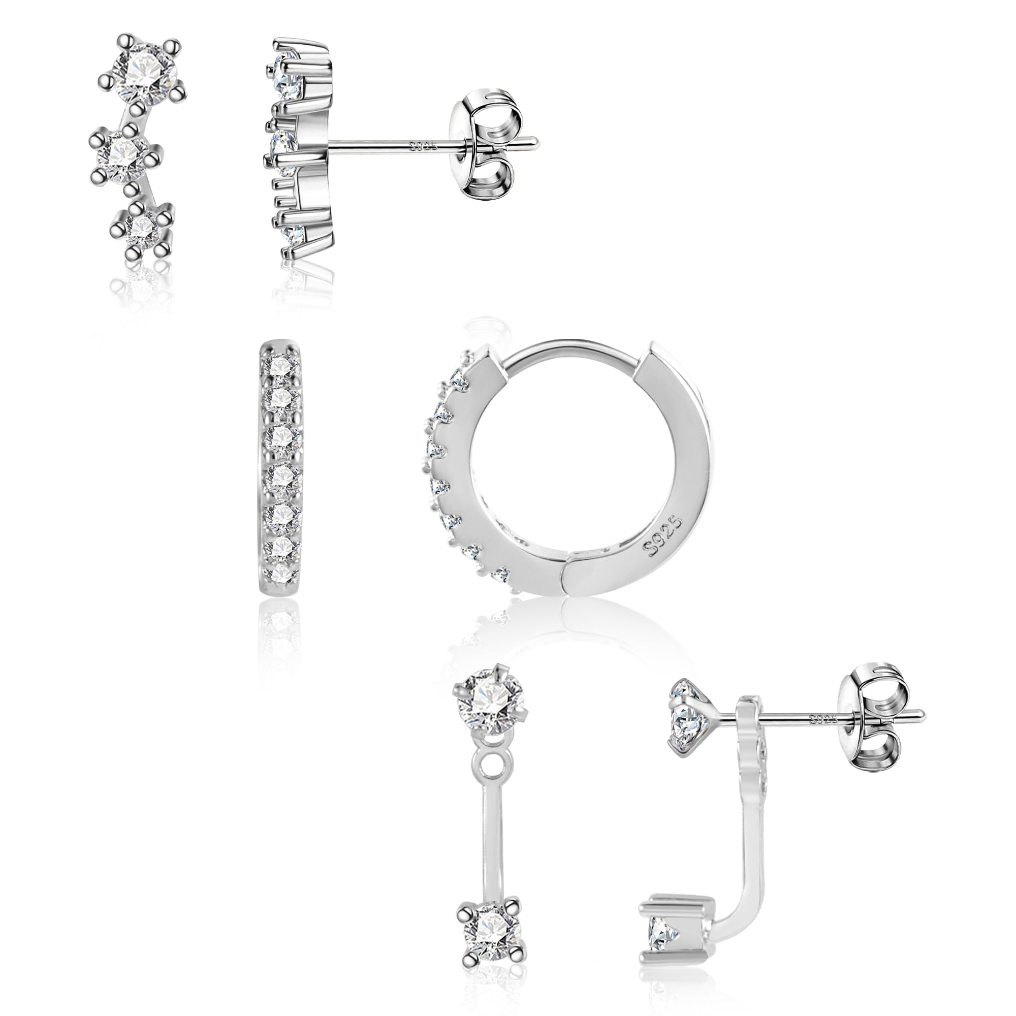 3 Pairs Sterling Silver Earrings for Women - Trendy Silver Stud & Hoop Earrings Set for Multiple Piercing - Dainty Cartilage Huggie Hoops with Hypoallergenic Small Cubic Zirconia - Perfect for Everyday Wear, Date Night & Gift Giving