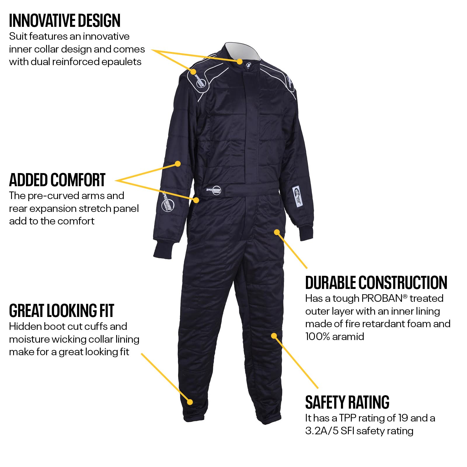 Speedway Endurance II Racing Suit - 1-Piece Black Fireproof Motorsport Jumpsuit for Men & Women (Medium) - Perfect for Karting, Motorcycle & Auto Racing