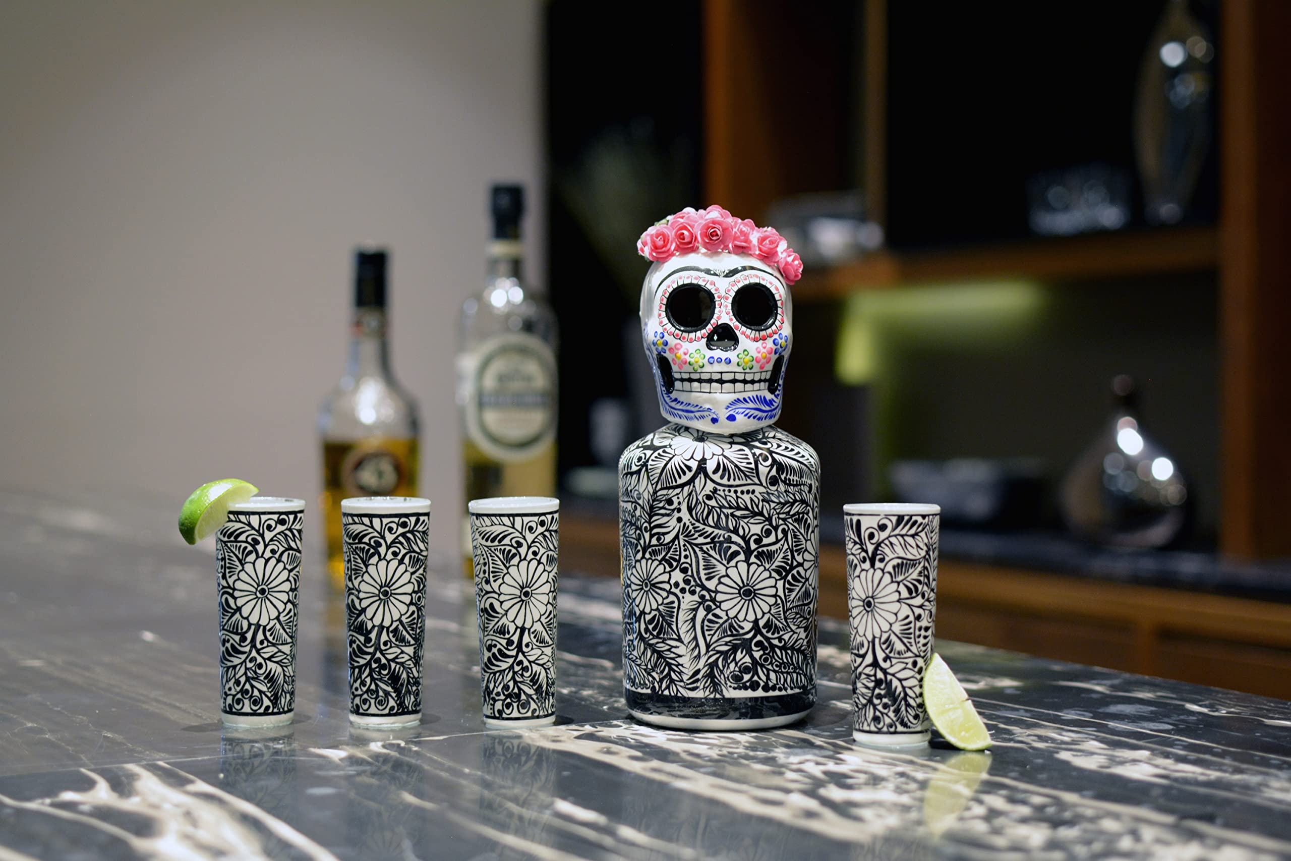 Hand-Painted Personalized Tequila Decanter Set with Shot Glasses & Mexican Sombrero - Unique Skull Liquor Decanter for Bar Decor, Frida Kahlo Themed Gift for Tequila Lovers | Perfect for Cinco de Mayo, Housewarming & Mexican-Themed Parties