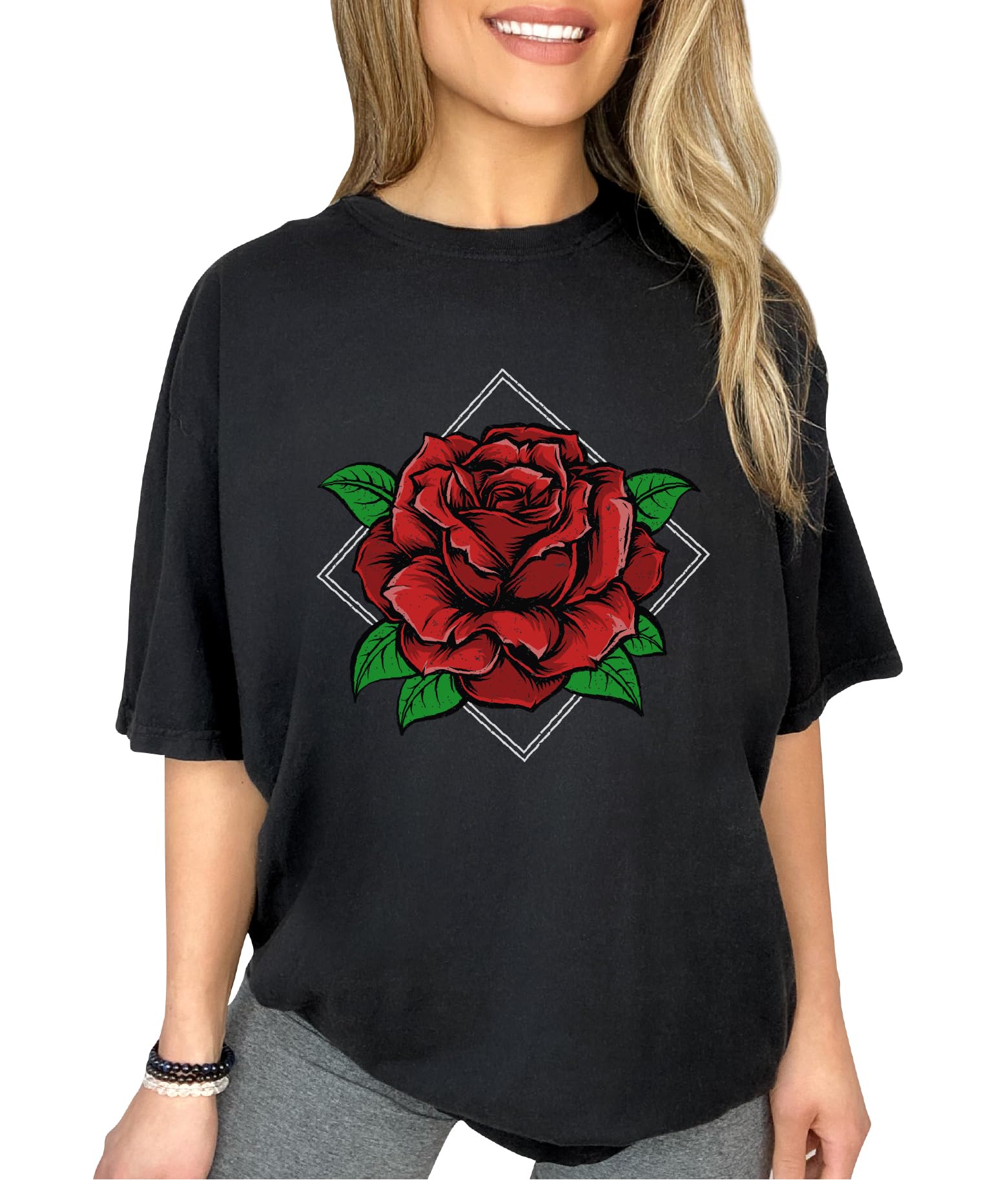 Red Rose Print Women's T-Shirt - Floral Love Casual Shirt for Women | Perfect for Valentine's Day, Date Nights & Spring Outfits