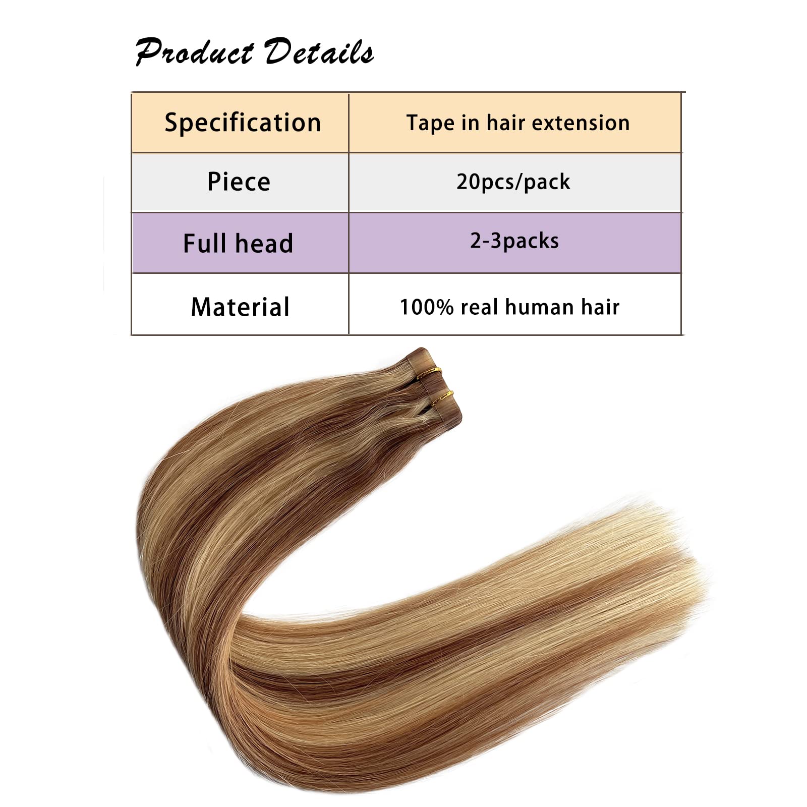 Remy Tape-in Human Hair Extensions - Golden Brown with Bleach Blonde Highlights Balayage | Natural Skin Weft Real Hair Extensions for Women | Perfect for Daily Wear, Special Occasions & Styling