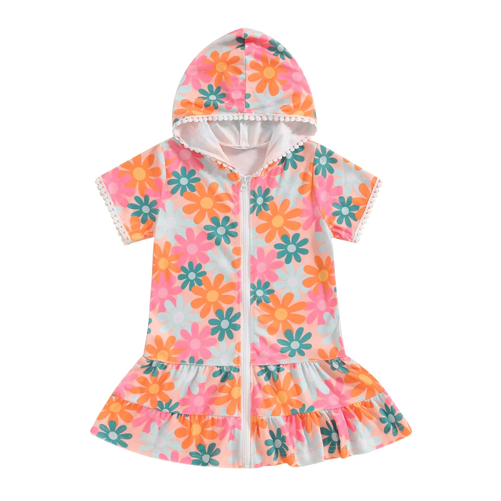 Girls' Floral Print Hooded Swim Cover Up Dress - Short Sleeve Zip Up Beach Cover-up & Bathrobe for Toddlers - Perfect for Pool, Beach, and Summer Outings