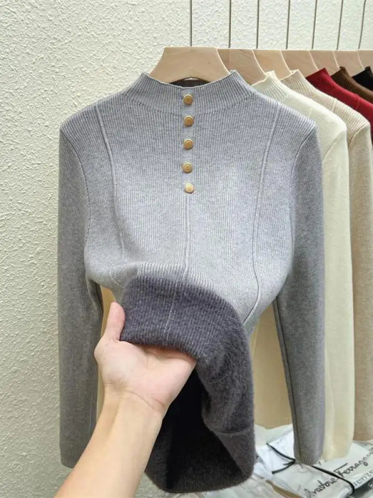 Korean Fashion Women's Slim Velvet Knit Sweater - Winter Warm Long Sleeve Half High Neck Pullover for Casual Outfits & Office Wear