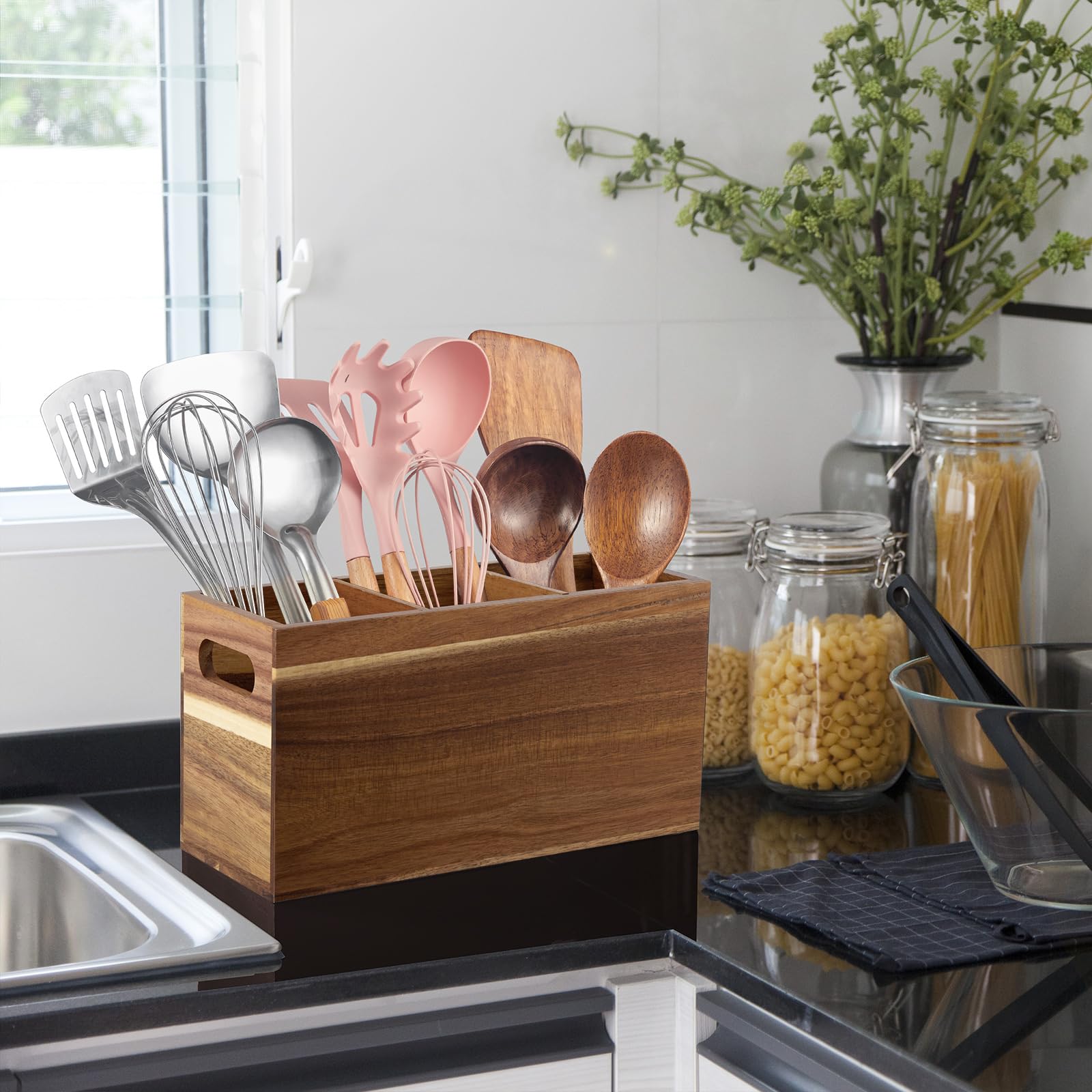 ALELION Acacia Wood Kitchen Utensil Holder - 3 Compartment Countertop Organizer for Spoons, Spatulas & Cooking Tools - Farmhouse Style Kitchen Decor for Counter, Pantry & Dining Room Storage