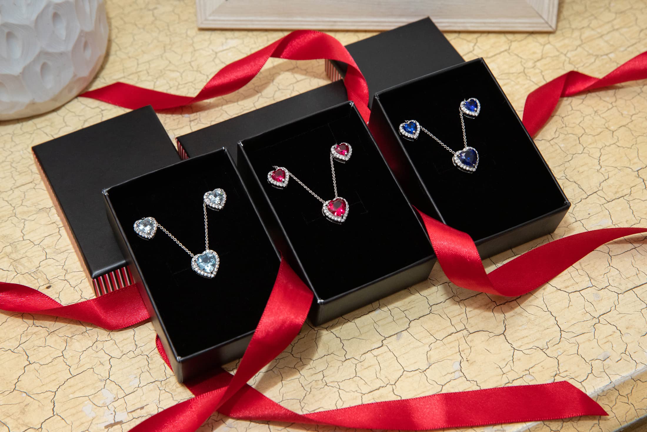 Genuine & Synthetic Gemstone Sterling Silver Halo Heart Necklace & Stud Earrings Set for Women - Perfect for Valentine's Day, Anniversary & Romantic Gifts