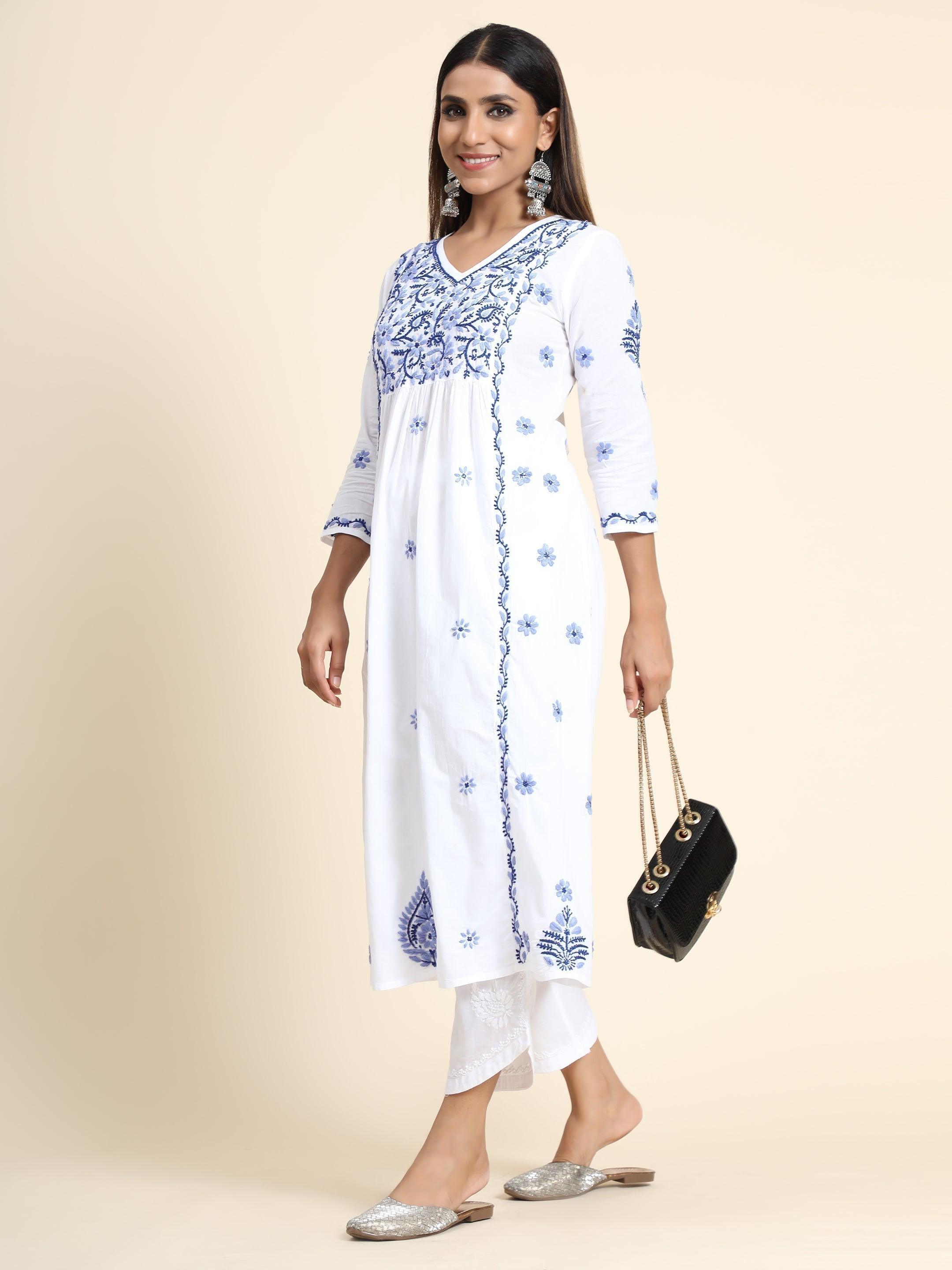 Chikankari Hand Embroidered Cotton V-Neck Anarkali Dress for Women | Elegant Long Kurti for Parties, Weddings & Festive Occasions