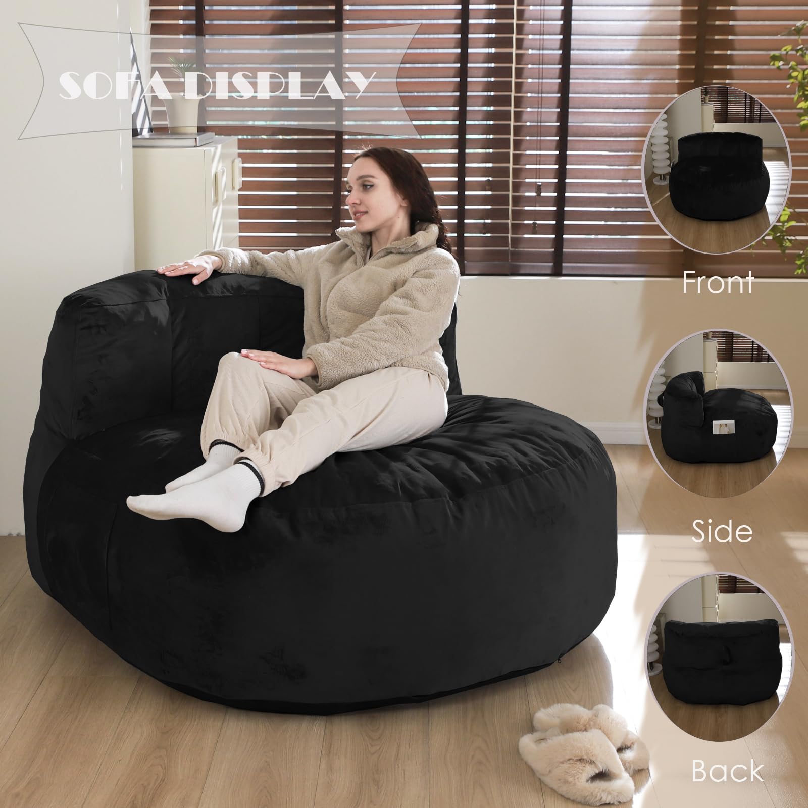 5FT Giant Bean Bag Chair with Memory Foam Filling - Dutch Velvet Cover for Adults, Kids & Teens - Large Black Beanbag Sofa with Back Support - Perfect for Living Room, Game Room & Dorm Relaxation