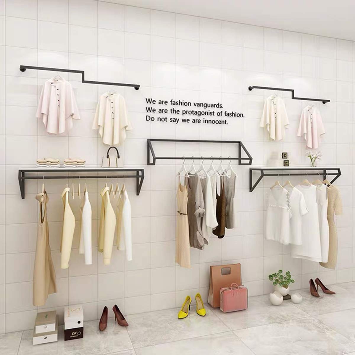 Modern Heavy Duty Metal Garment Rack with Wood - Wall Mounted Clothes Rail for Men's & Women's Clothing Store, Bathroom Towel Hanger - Black Square Tube (B-59 L) - Perfect for Retail Displays, Home Organization & Space-Saving Storage