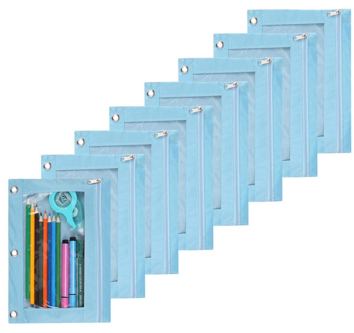 Zippered 3-Ring Binder Pouch with Clear Window - 8 Pack Light Blue School & Office Supplies for Classroom Organization, Homework, and Stationery Storage