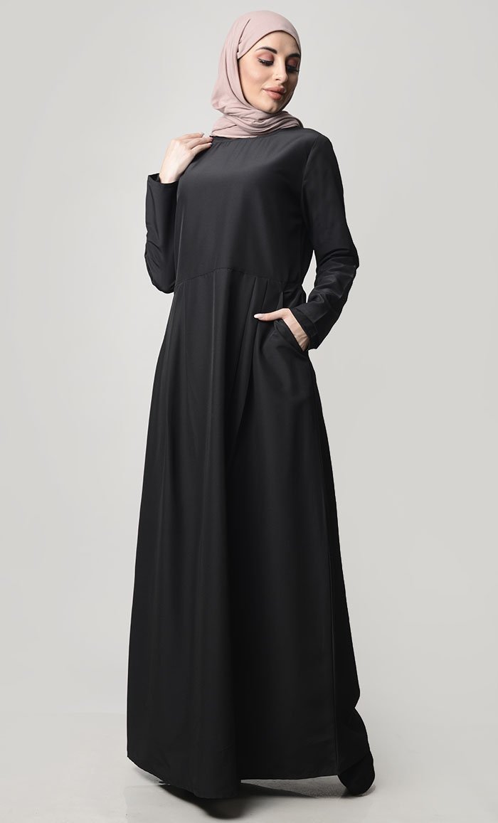 Elegant Modest Pleated Abaya with Pockets - Loose Flowy Muslim Dress for Women - Perfect for Prayer, Mosque, and Special Occasions