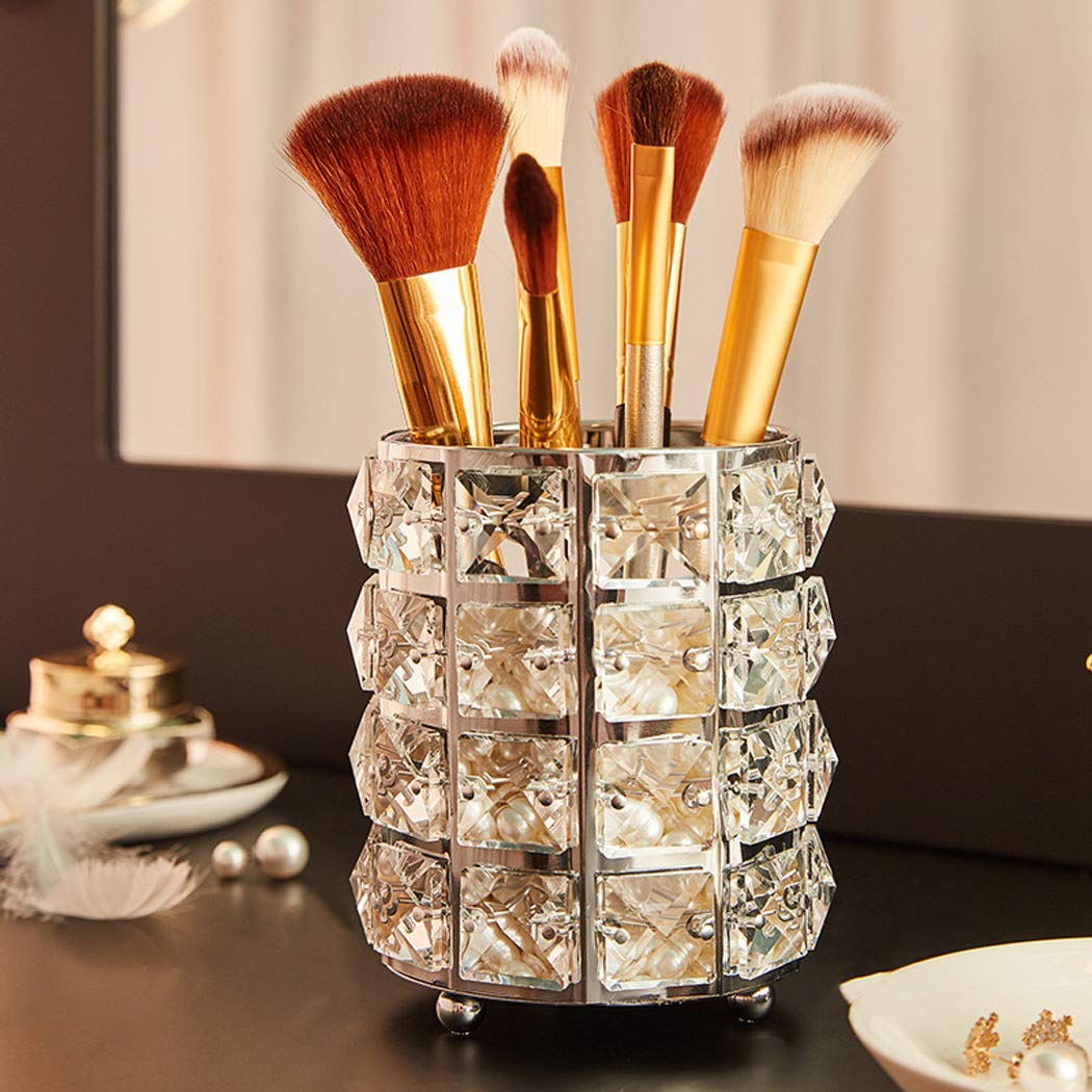 Handmade Crystal Makeup Brush Holder & Eyebrow Pencil Organizer - Elegant Cosmetic Storage for Vanity, Bathroom, Office Desk (Silver) | Perfect for Makeup Artists & Beauty Enthusiasts