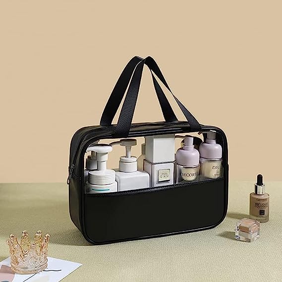 Salepush Clear Travel Toiletry Bag - Transparent Cosmetic Organizer with Handle for Women & Men | Waterproof Makeup Pouch for Airplane, Gym, Beach Essentials (Medium, Black)