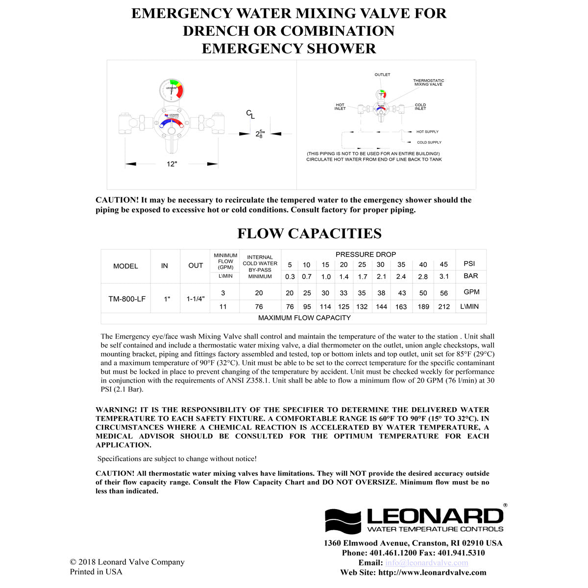 Leonard LF Thermostatic Mixing Valve for Emergency Showers - 20 GPM Flow Rate (TM 800 LF) - Single/Multiple Drench & Combination Use - Ideal for Laboratories, Industrial Plants & Chemical Workplaces