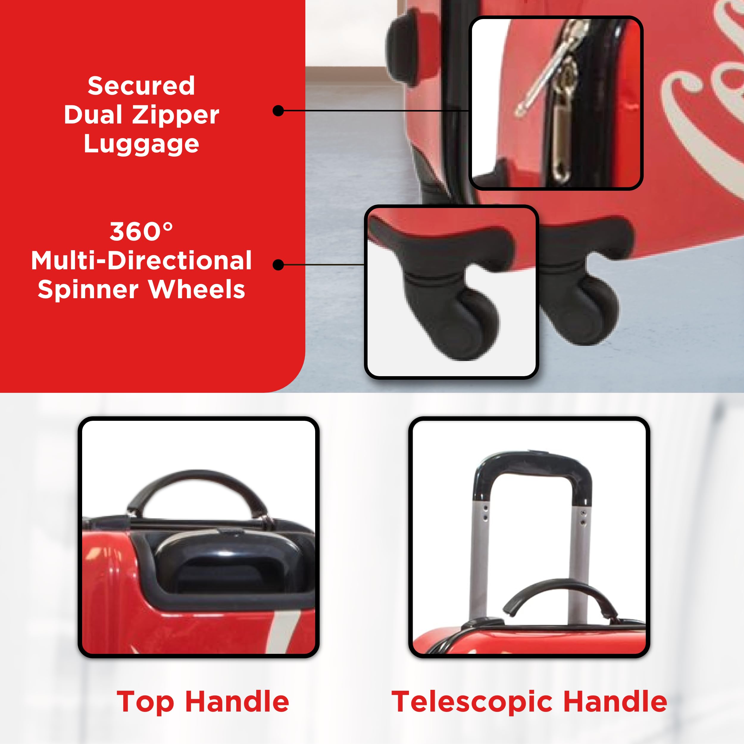Concept One Coca Cola 21 Inch Carry On Luggage - Durable Hardshell Rolling Suitcase with 360° Spinner Wheels, Vibrant Red & Multicolor Design - Perfect for Air Travel, Business Trips & Weekend Getaways
