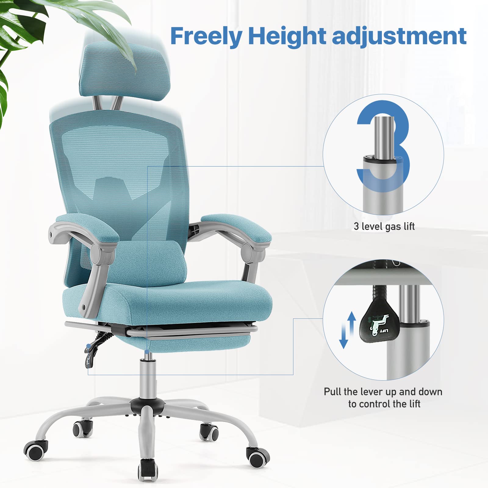Ergonomic Home Office Chair with High Back, Adjustable Headrest & Lumbar Support - Executive Mesh Computer Chair with Retractable Footrest & Armrests (Blue) - Perfect for Long Work Hours, Gaming & Remote Work Setup