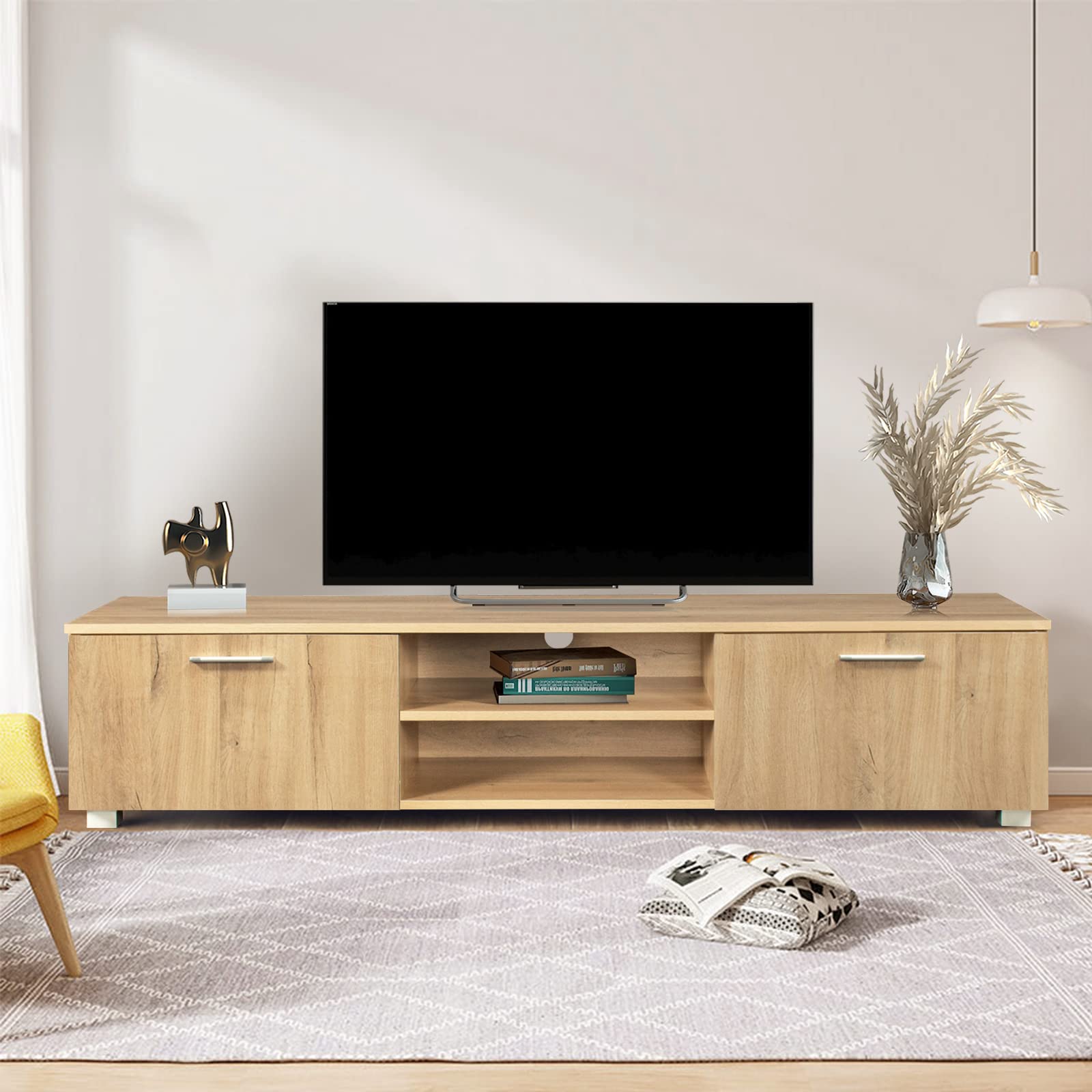 Modern Oak TV Stand for 65 Inch TV - Wooden Entertainment Center with Storage, Media Console Table for Living Room, Bedroom & Lounge (Perfect for Home Theater Setup & Living Room Organization)