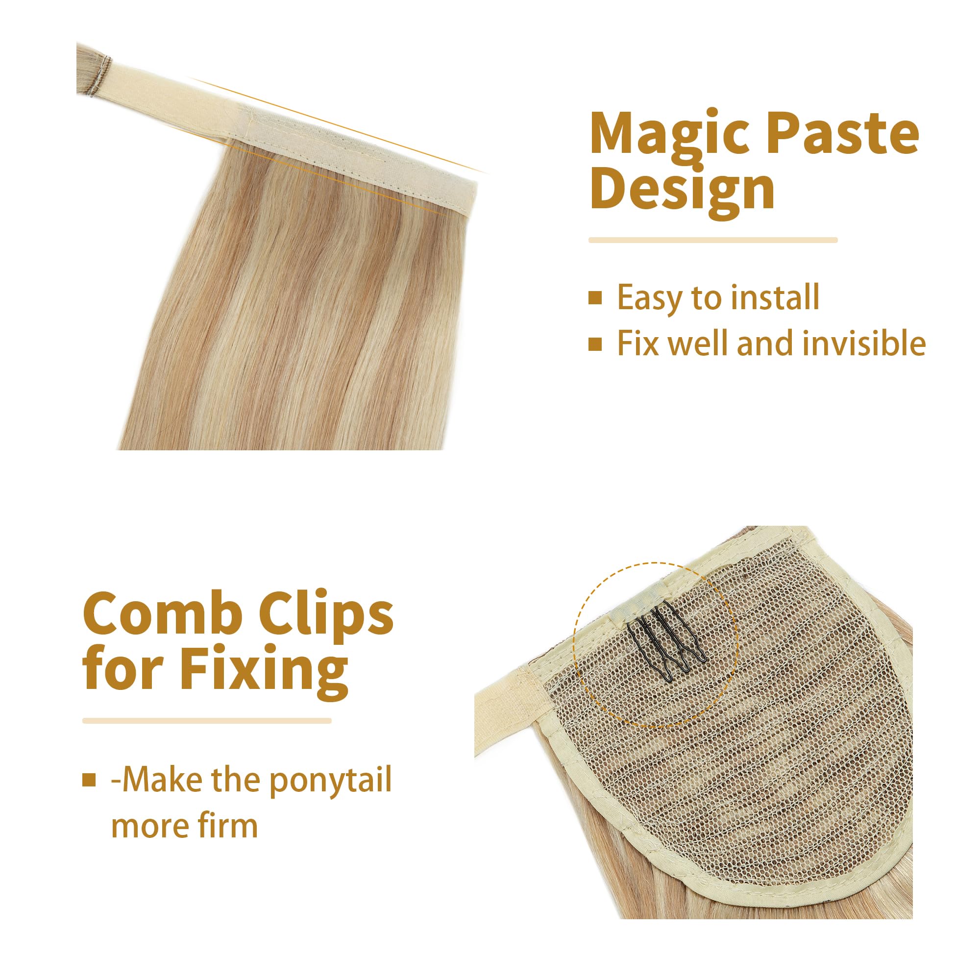 SEGO 20 Inch Clip-In Ponytail Extension - 100% Real Human Hair, Long Straight Wrap Around Ponytail with Magic Paste (Ash Blonde & Bleach Blonde) - Perfect for Daily Wear, Parties, Weddings & Special Occasions