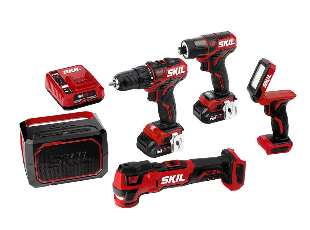 SKIL 5-Tool Combo Kit with PWRCore 12 Brushless 12V Cordless Drill Driver, Impact Driver, Oscillating Multi-Tool, Work Light & Bluetooth Speaker | Includes 2 x 2.0Ah Lithium Batteries & PWRJump Charger | Perfect for DIY Projects, Home Repairs & Construction Work (Model CB736801)