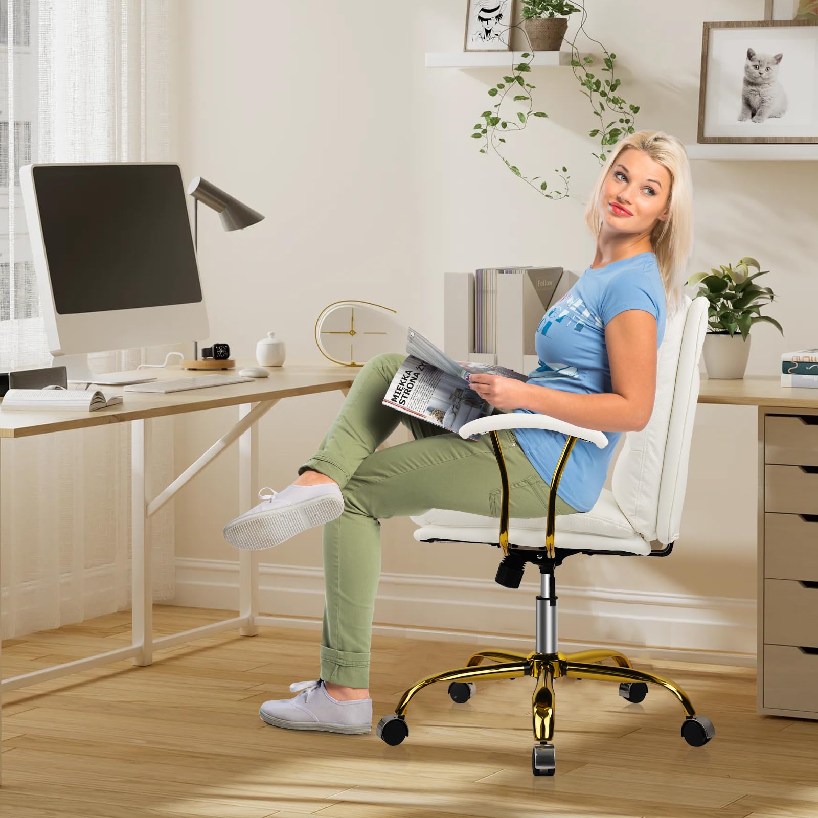 Ergonomic Office Desk Chair with Wheels & Adjustable Arms - Faux Leather Computer Chair for Home, Bedroom & Office - White Chair with Gold Casters (300lb Weight Capacity) - Perfect for Long Work Hours, Gaming & Study Sessions
