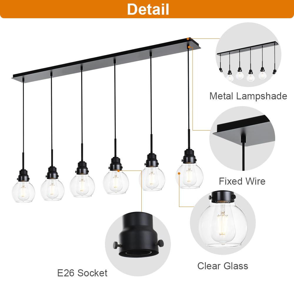 VINLUZ 6-Light Adjustable Black Rustic Farmhouse Pendant Lighting with Clear Glass Shade - Kitchen Island Chandelier for Dining Room, Cafe & Bar Ceiling Decor