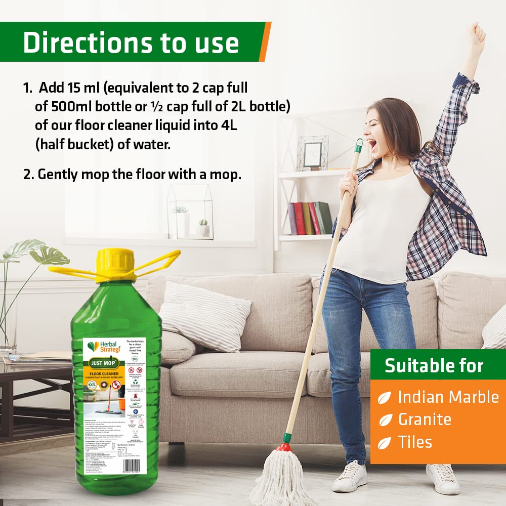 Herbal Strategi Just Mop Natural Herbal Floor Cleaner Liquid - 2L Eco-Friendly Disinfectant & Insect Repellent for Home, Kitchen, and Pet Areas | Safe for Hardwood, Tile & Laminate Floors