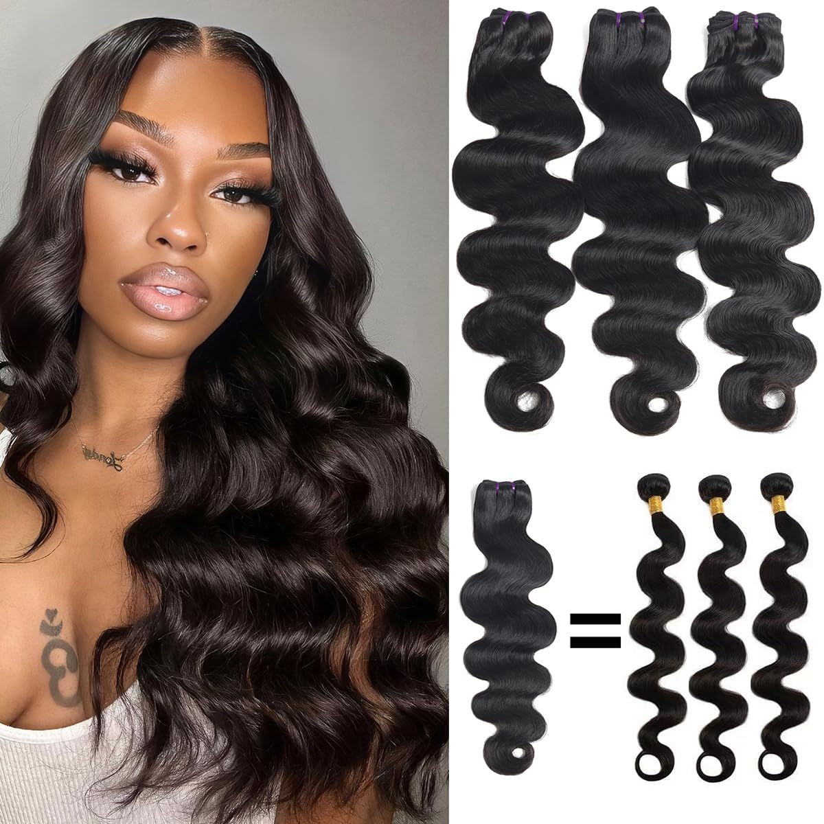16A Brazilian Virgin Human Hair Bundles 14 16 18 Inch - 3 Bundles Unprocessed Body Wave Raw Human Hair Extensions with Thick Ends - Natural Black Color for Weaving, Styling & Everyday Glamour