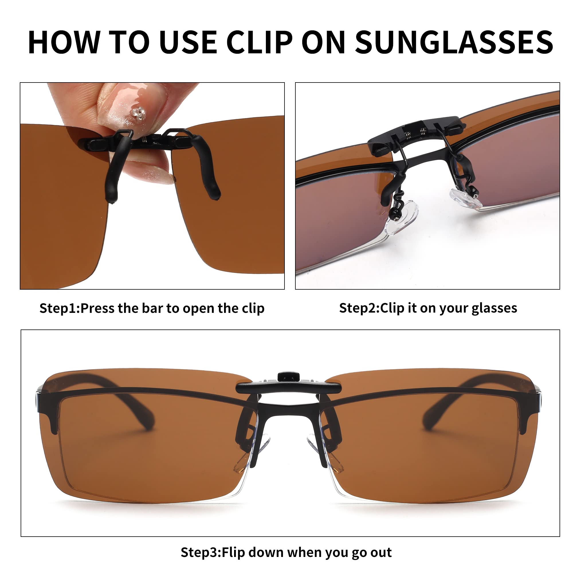 Polarized Rimless Rectangle Clip-On Sunglasses for Men & Women - Lightweight UV Protection for Driving, Outdoor & Fashion Use
