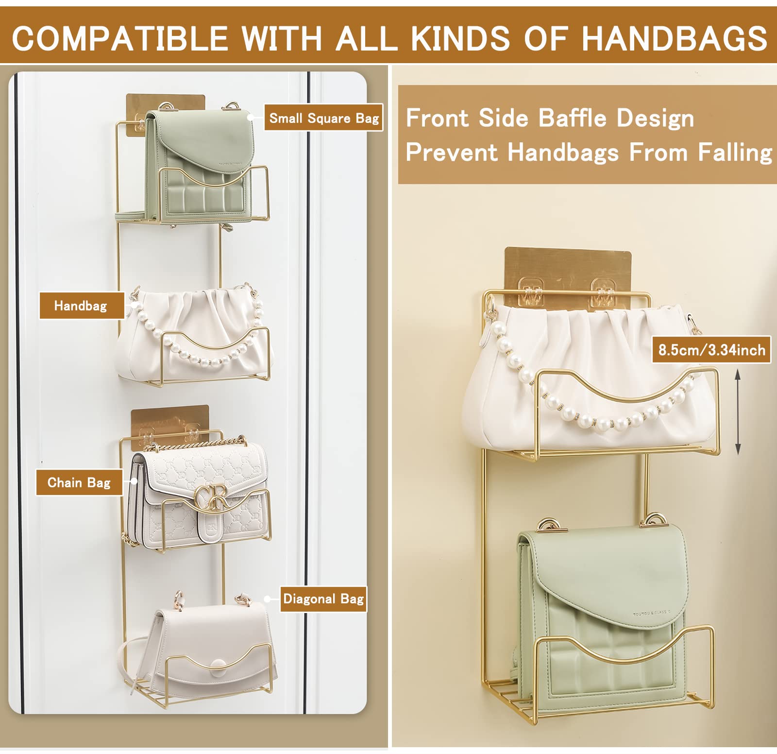 Hanging Handbag Organizer for Closet - Wall Mount Purse Storage Holder with 2 Shelves | Space Saving Metal Handbag Display Shelf | Gold Finish | Perfect for Bedroom, Walk-in Closet, and Dorm Organization