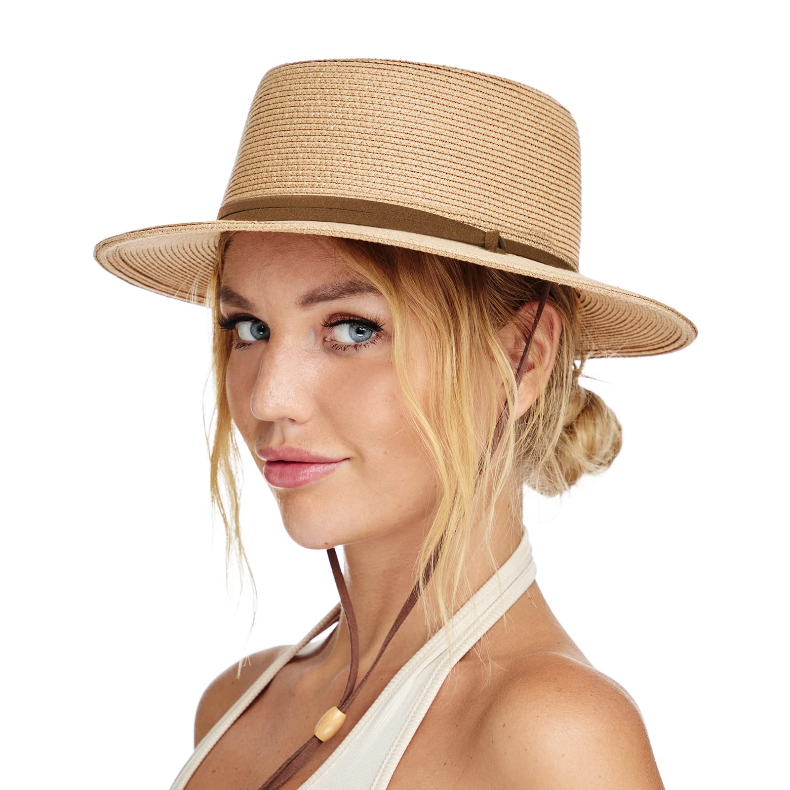 Women's UPF 50+ Straw Fedora Hat with Adjustable Chin Strap - Wide Brim Sun Hat for Beach, Summer, Outdoor & Travel Protection
