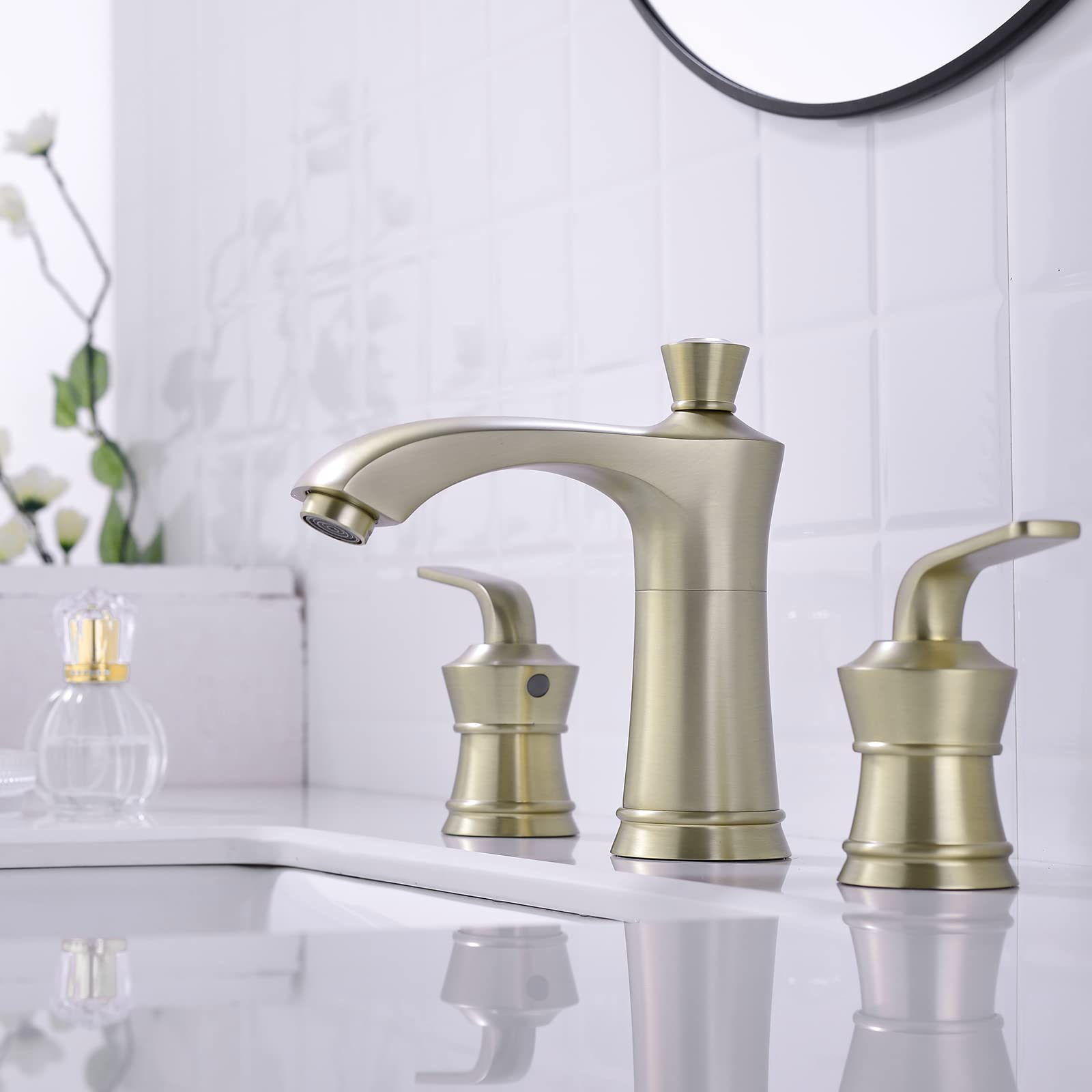 TRUSTMI 8 Inch Widespread Bathroom Sink Faucet - Brushed Brass Gold Finish, 2 Handle Traditional Vanity Basin Faucet for Bathroom Decor & Home Renovation