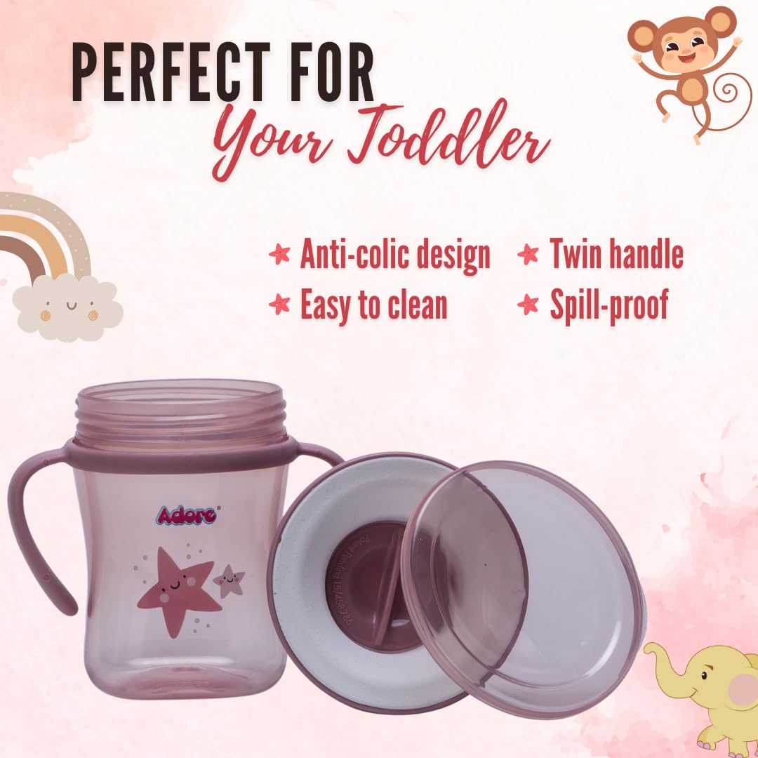 Adore Magic 360 Spoutless Sipper Cup with Handle | Leak-Proof Baby Water Bottle for 6-12 Months | Anti-Spill Straw Cup for Toddlers & Kids | BPA-Free Training Cup (250ml, Pink) | Perfect for Daycare, Travel & Learning Independent Drinking