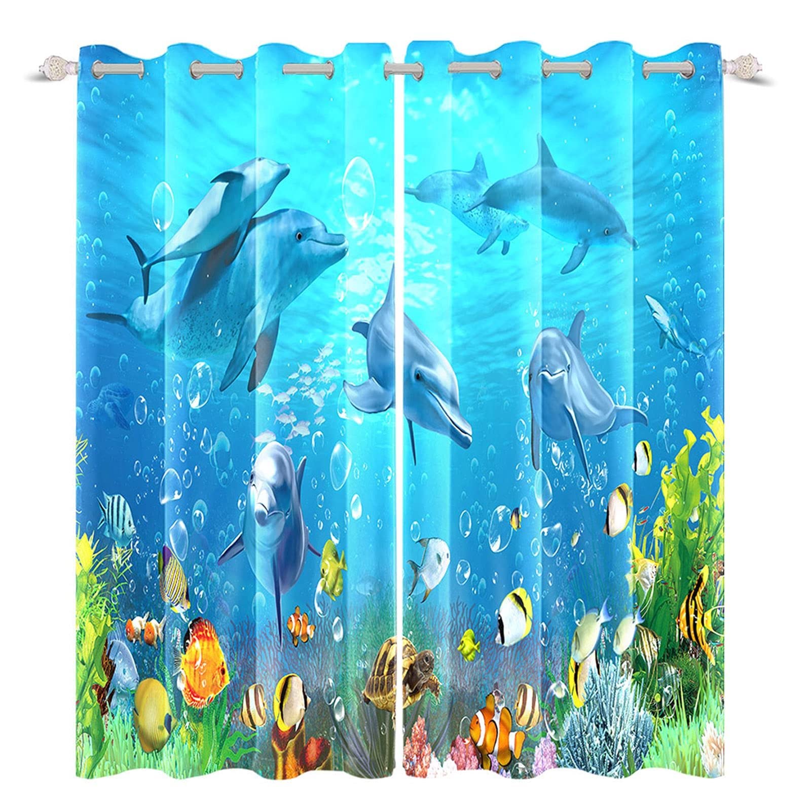 Ocean Dolphins Tropical Fish Blackout Curtains - 3D Printed Underwater World Design, Thermal Insulated Grommet Window Drapes (42x63 Inches, 2 Panels) for Bedroom & Living Room - Perfect for Kids' Rooms, Beach Themed Decor & Light Blocking
