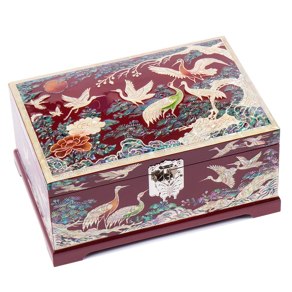 Exquisite Mother of Pearl Inlaid Wooden Jewelry Box - Handcrafted Pine Treasure Chest with Red Finish | Perfect for Organizing Necklaces, Rings & Keepsakes | Elegant Gift for Women & Home Décor