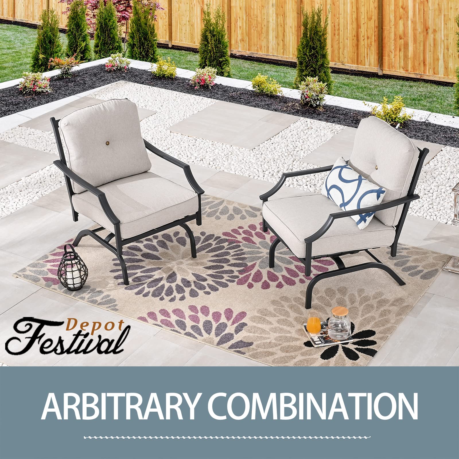 Festival Depot Patio Bistro Dining Chairs Set of 2 - Outdoor Furniture with Steel Frame, Armrests & Cushions (Beige) - Perfect for Garden, Patio, Poolside & Restaurant Use