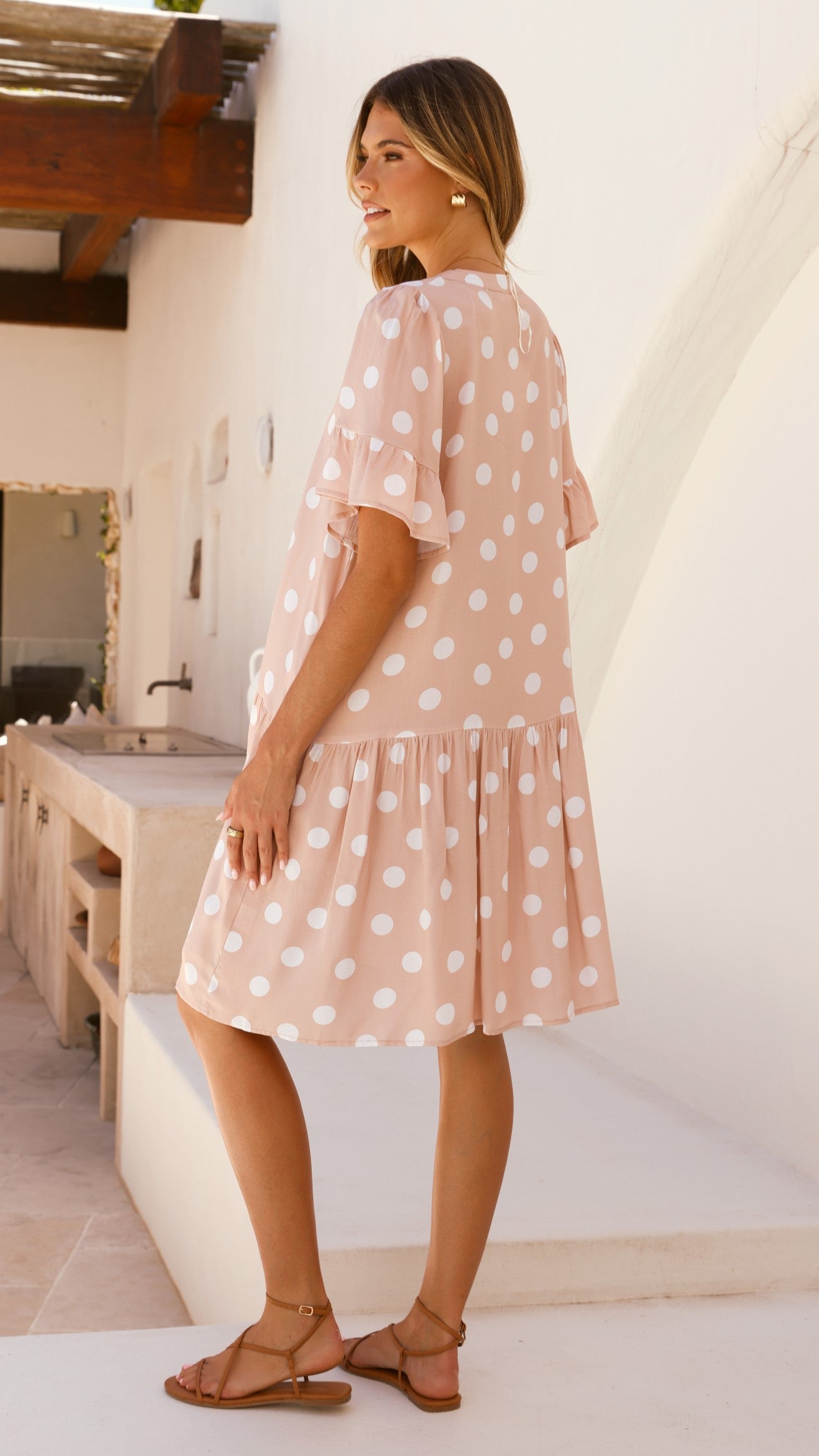 Lyssa Mini Dress - Beige & White Polka Dot Summer Casual Dress for Women | Perfect for Beach, Party & Date Night