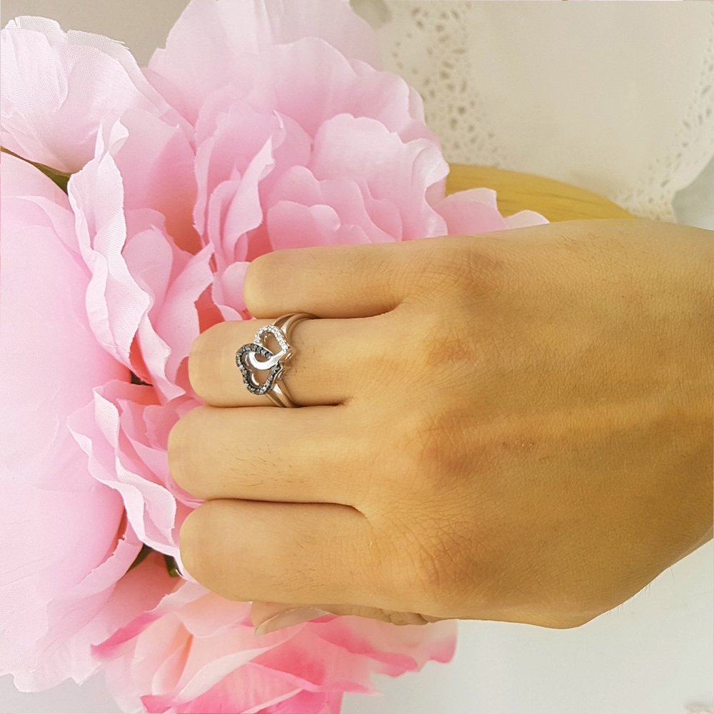 0.25ct Round Black & White Diamond Double Heart Promise Ring for Women - 925 Sterling Silver Split Shank Design - Anniversary, Engagement, Valentine's Gift - Dazzlingrock Collection
