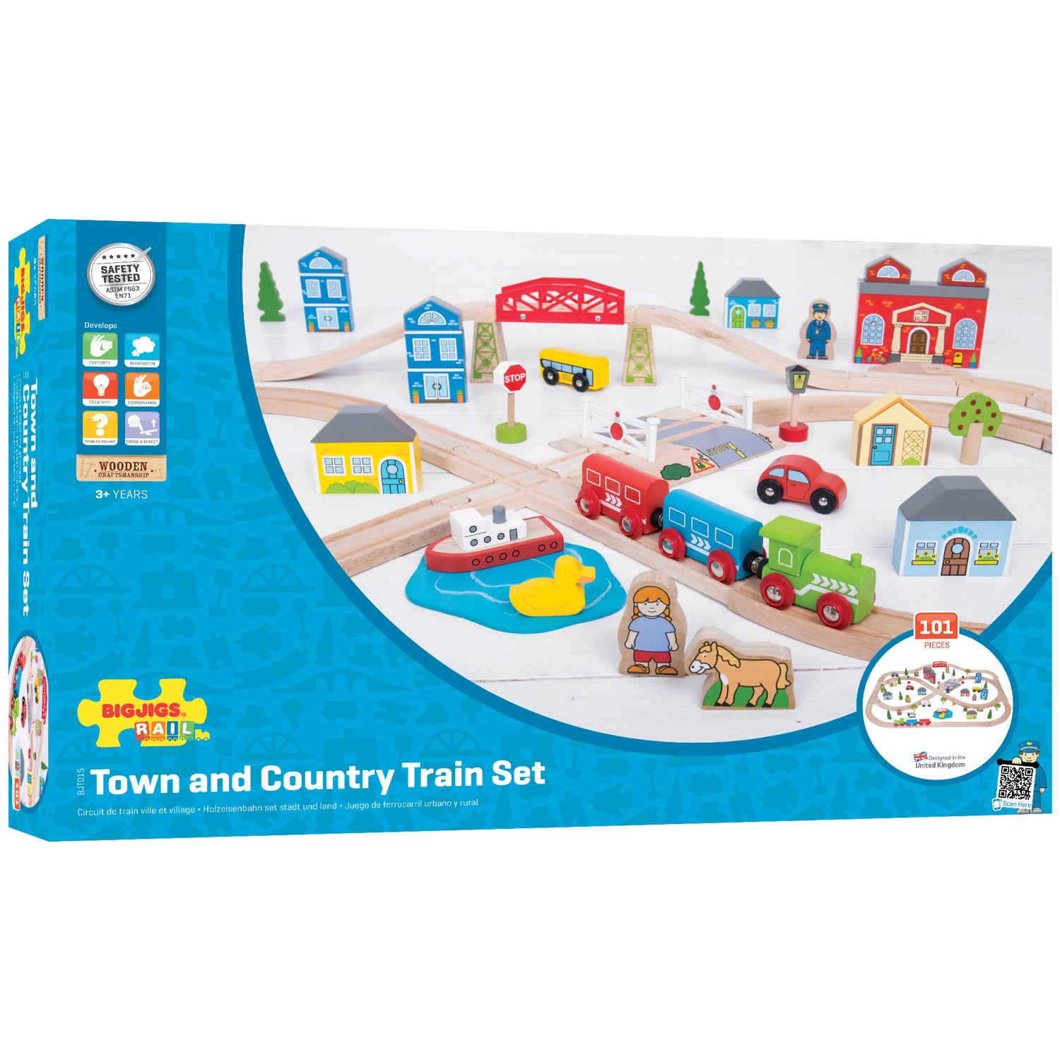 Bigjigs Toys Rail Town & Country 87 Piece Wooden Train Set for Kids - Complete Wooden Railway System with Tracks, Trains & Accessories - Perfect for Creative Play & Learning at Home or Preschool