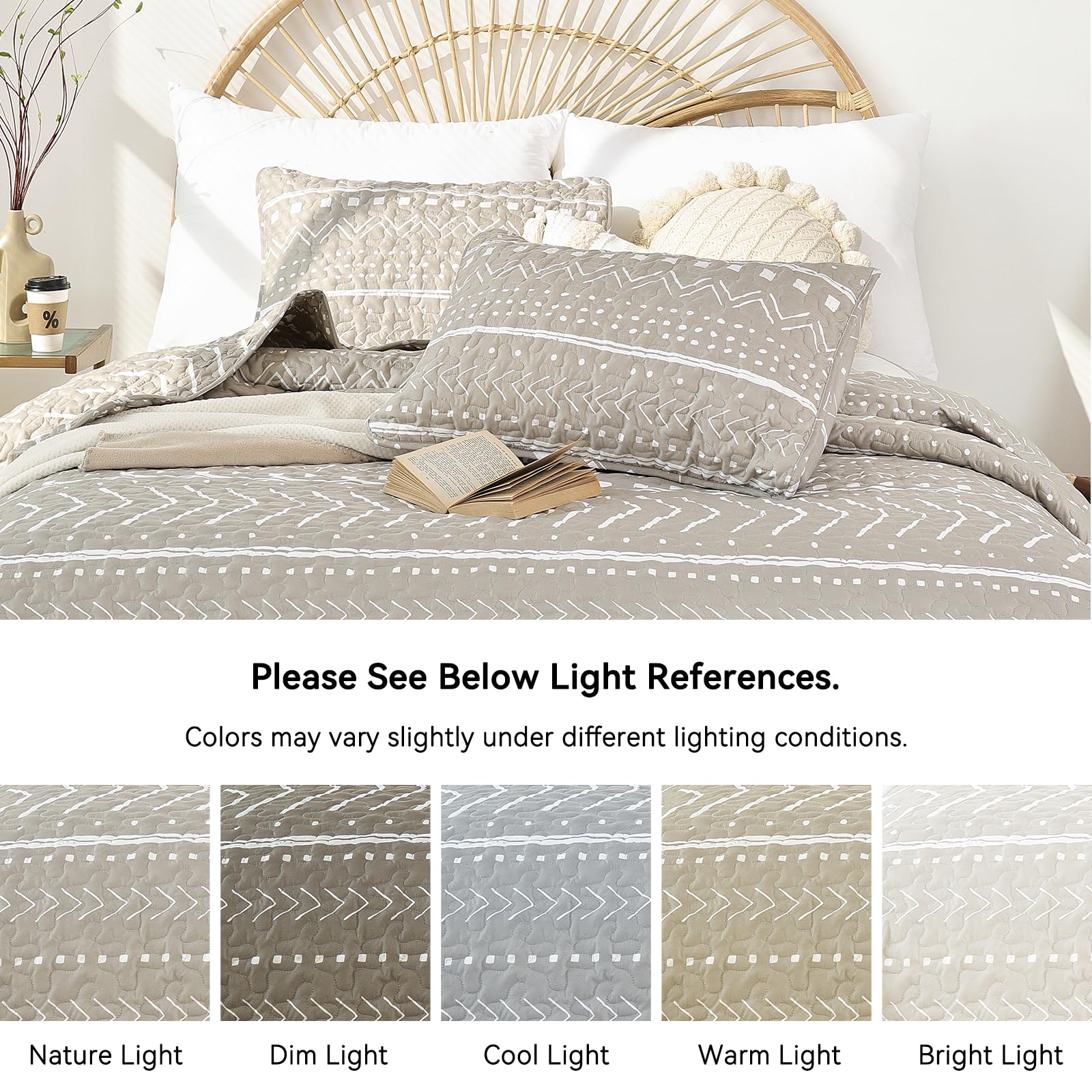 JANZAA Boho Queen Size Quilt Set 3PCS - Reversible Oatmeal Coverlet with 2 Pillowcases | All-Season Bedding for Cozy Home, Guest Room & Vacation House Decor