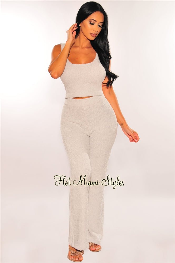 Women's Gray Fuzzy Tank Top & High Waist Palazzo Pants Two Piece Lounge Set - Soft Comfortable Outfit for Home, Yoga, and Casual Wear