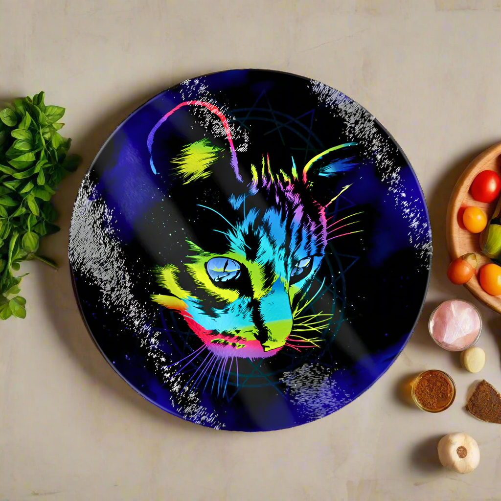 Rainbow Cat Circular Glass Cutting Board - Durable Non-Slip Chopping Board for Kitchen, Baking & Serving - Perfect for Sushi, Cheese, Charcuterie & Party Platters