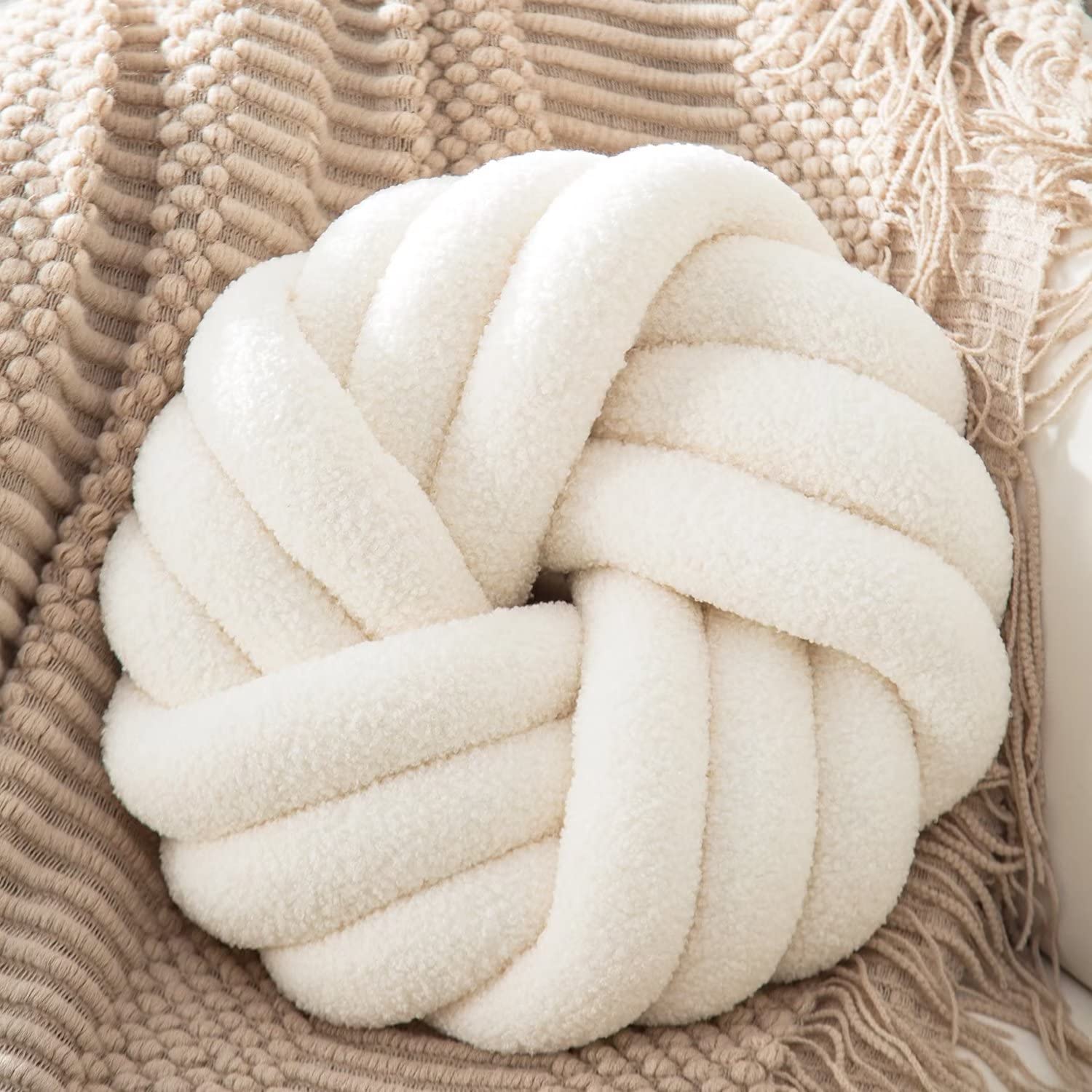Handmade White Knotted Round Throw Pillow - 14 Inch Plush Knot Decorative Cushion for Couch, Bed & Living Room | Cozy Floor Pillow for Home Decor & Relaxation