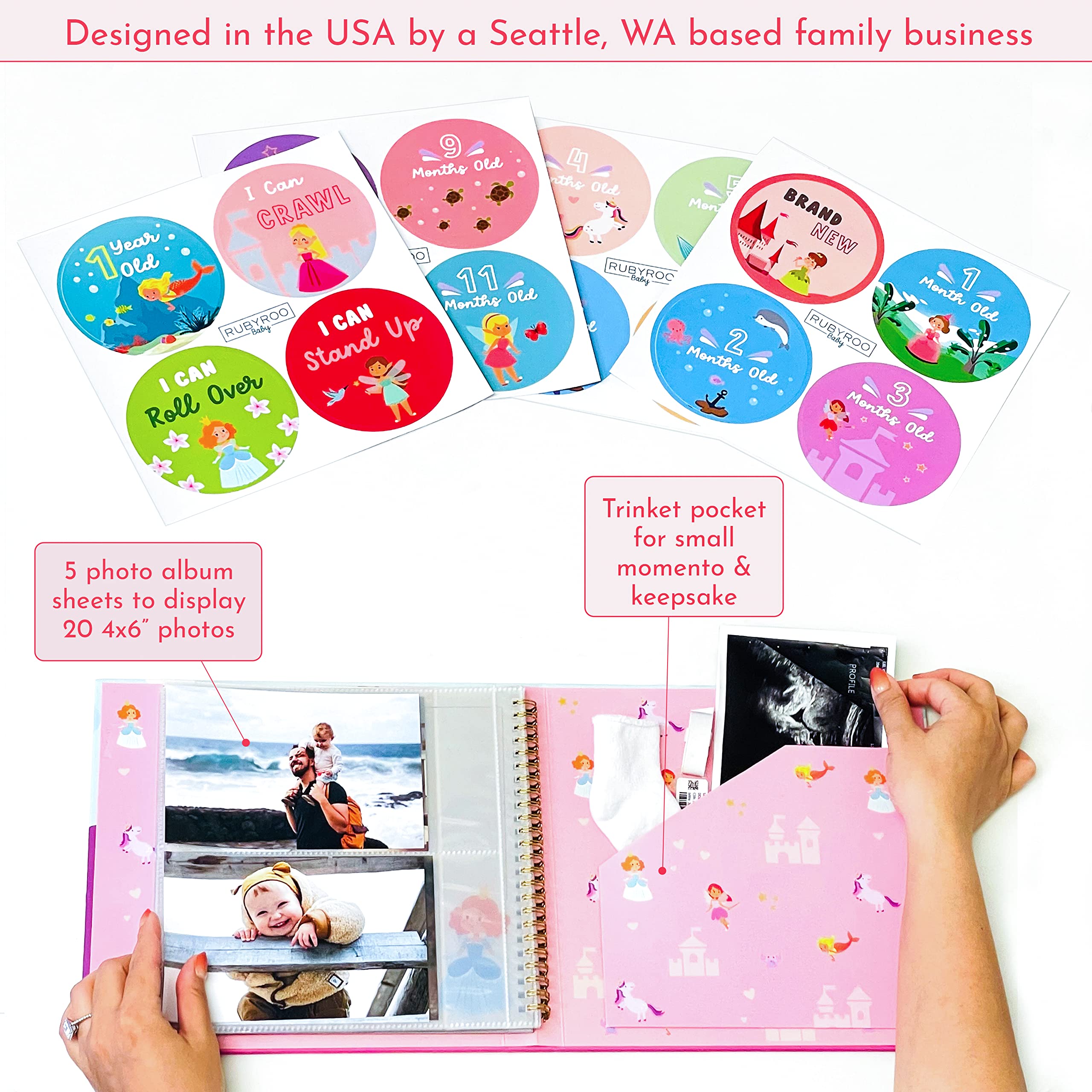 RubyRoo Baby Memory Book - First 5 Years Scrapbook & Milestone Journal for Baby Girl - Hardcover Keepsake Photo Album (60 Pages) - Perfect Pregnancy Gift for Baby Shower - Newborn Fairyland Theme - Capture Precious Moments from Birth to Toddler Years