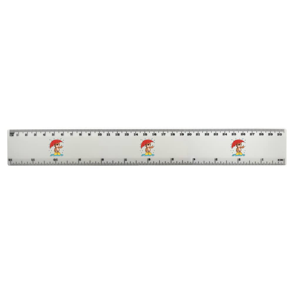 Azeeda 'Rainy Day Teddy Bear' 12 Inch White Plastic Ruler with Measurement Marks - Perfect for School, Office & Craft Projects (RL00068976)